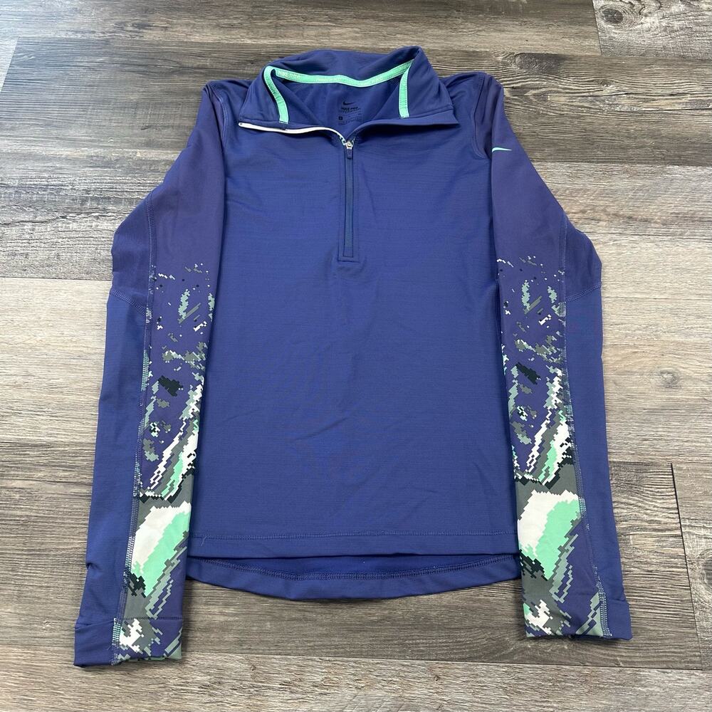 Nike Pro Hyperwarm Blue Green Geo Womens S‎ Active Half Zip Running Athletic Top